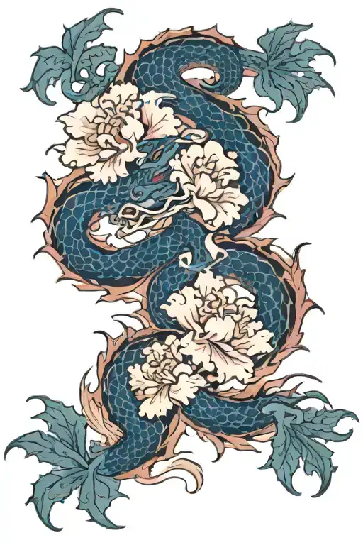 Carnation Flower With Japanese Dragon Around