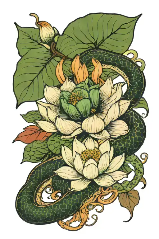 Lotus Flower With Leaves And A Snake Intertwined