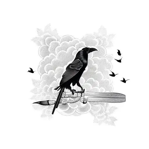 A Blackwork Tattoo Of A Crow Perched On A Paintbrush
