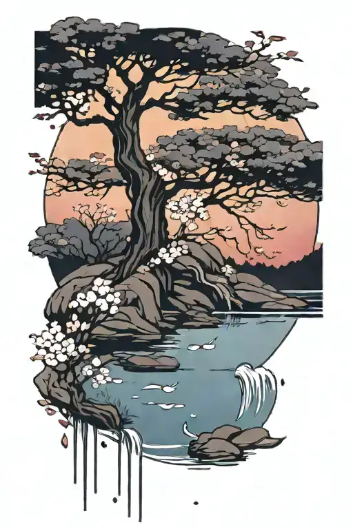 A Sakura Tree Behind A Pond With Petals Falling Down In The Sunset