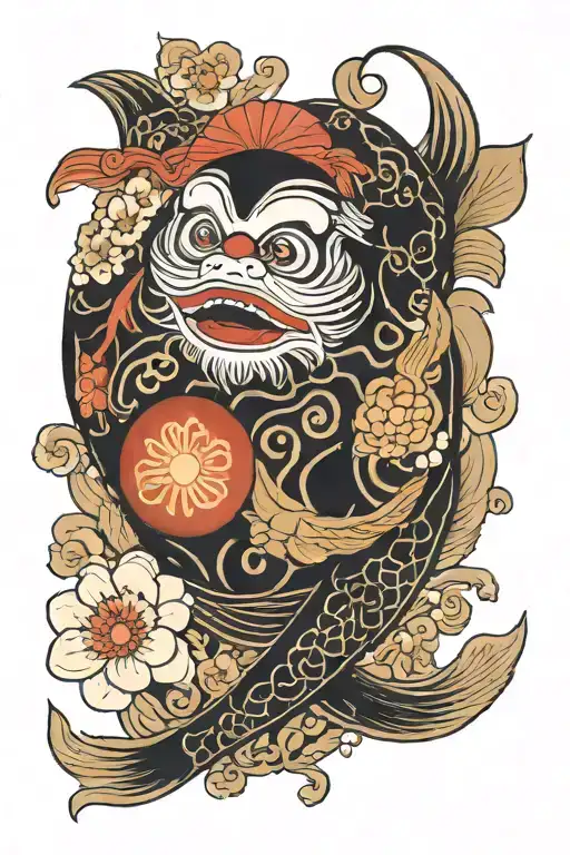Flower With A Daruma Doll And Koi Fish Black