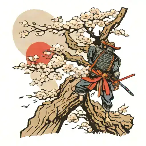 Japanese Temple Samurai Climbing With Sakura Tree