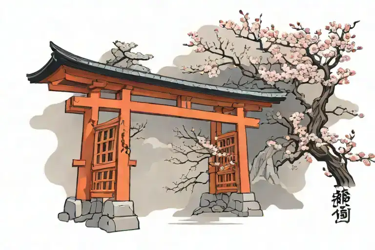 Torii Gate With Cherry Blossom Tree
