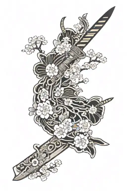 Katana And Sakura Flower