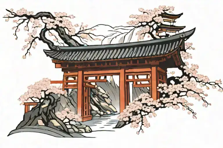 Torri Gate With Cherry Blossom Tree