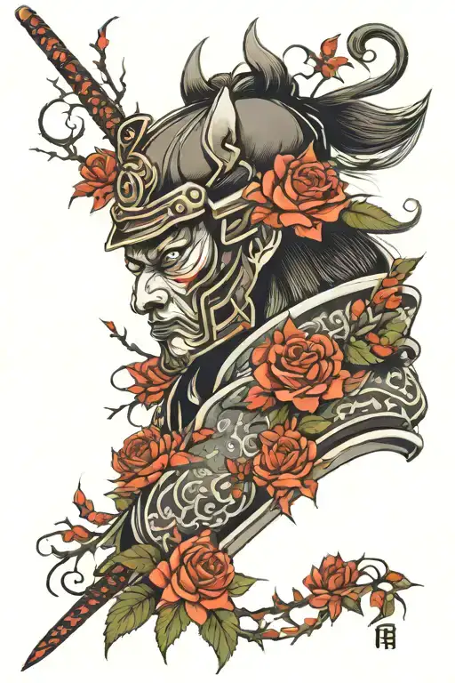 Samurai With Oni Mask And Flowers And Rose Thorns Wrapped