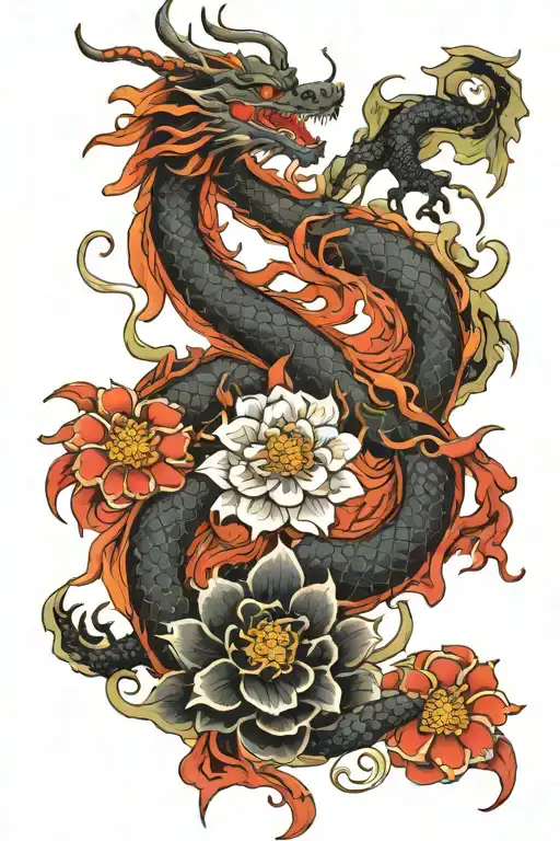 Dragon Flower Tattoo Design Combining Elements