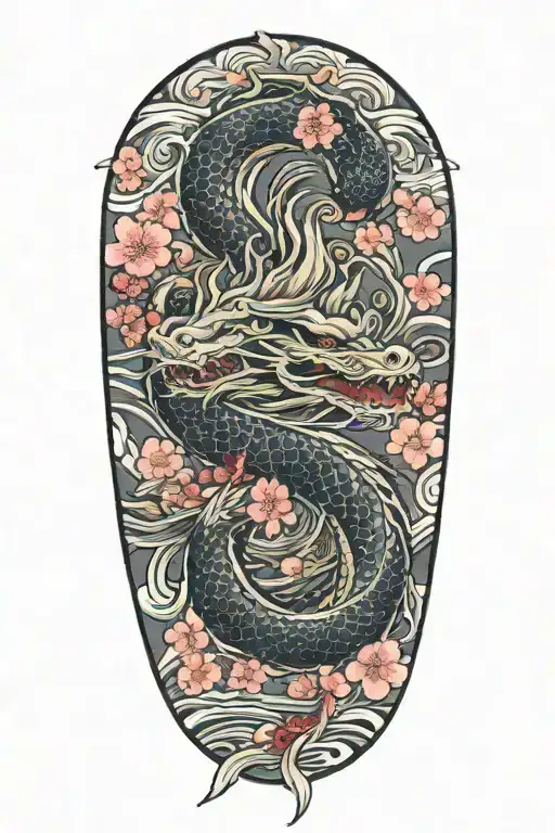 Dragon With Clouds And Cherry Blossom Koi Fish