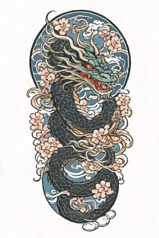 Dragon With Clouds And Cherry Blossom Flowers