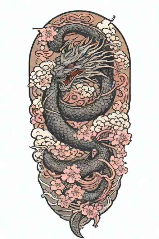 Dragon With Clouds And Cherry Blossom