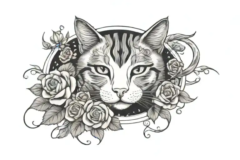 A Cat And Roses With Moon Phases