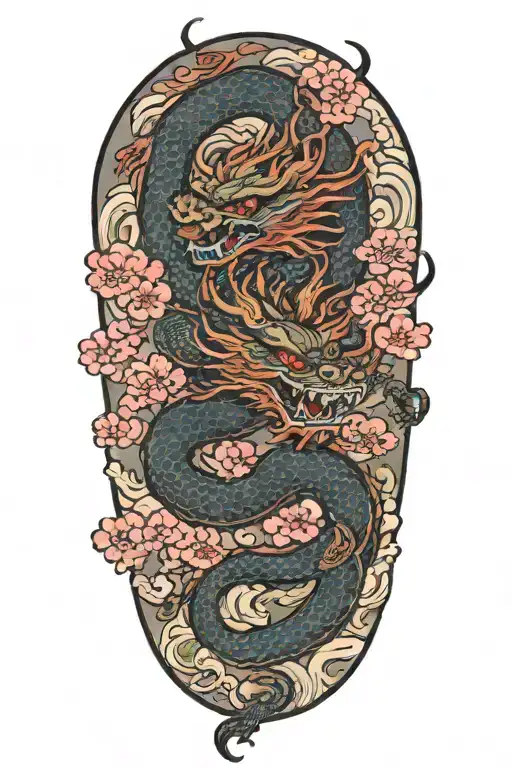 Korean Dragon With Clouds And Cherry Blossom