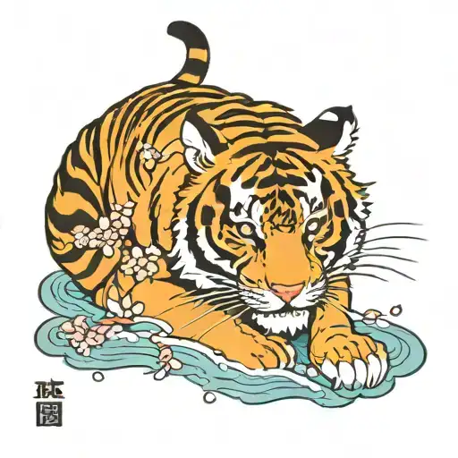 Tiger With Cherry Blossom Petals Falling