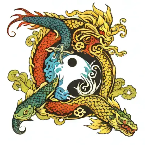 Yin Yang With Yin As A Dragon Breathing Fire And Yang As A Fish In A Pond