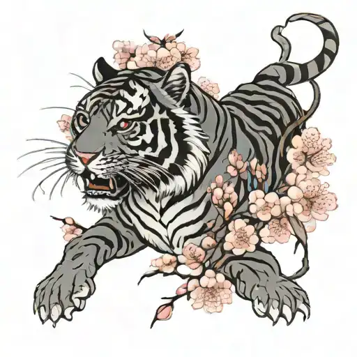 Tiger With Cherry Blossom Flowers