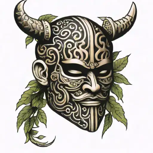Tattoo With The Tree Of Life Japanese Mask And Viking Signs