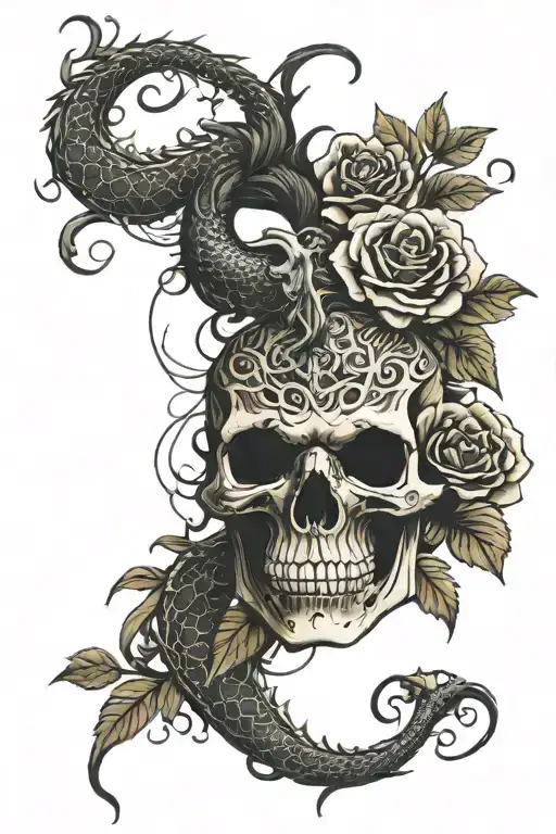 Skull Roses Dragon Emerging