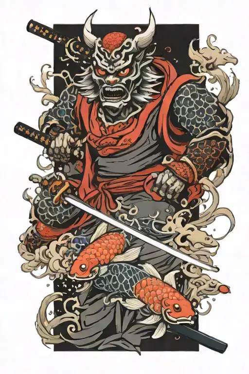 Katana With Oni Demon Mask With Koi Fish