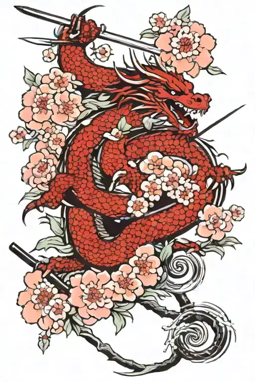 Red Dragon With Katana In Sakura Flowers