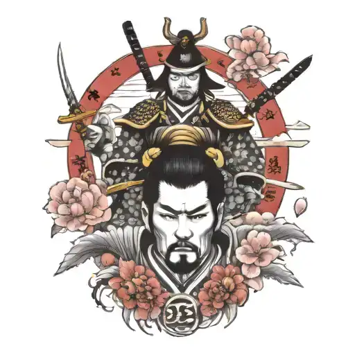 Samurai Con Torre Japonesa Cerezo Y Signos Japones