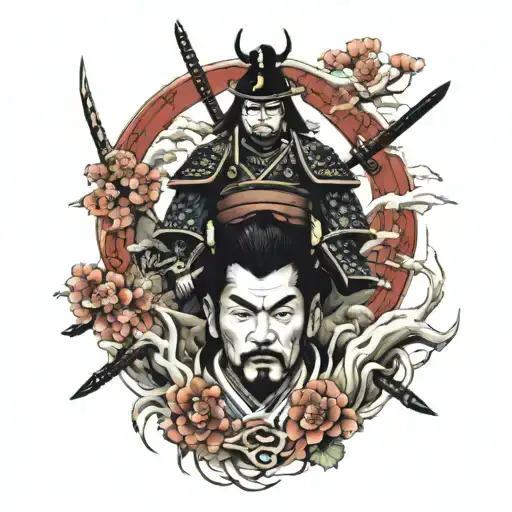 Samurai Con Torre Japonesa Cerezo Y Signos Japones