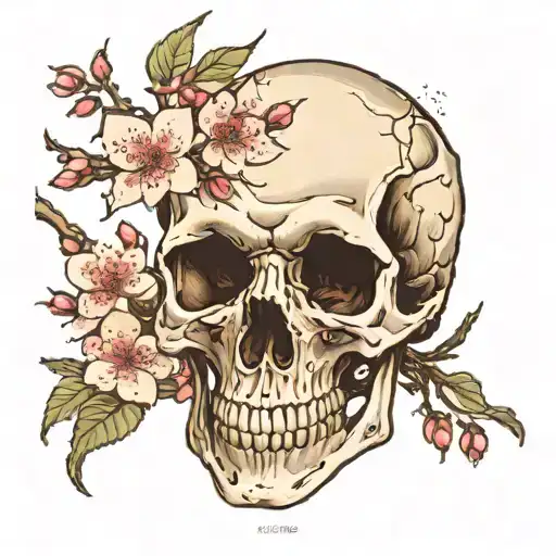 Human Skull With Cherry Blossoms Wrapping Around It And Growing Out Of It
