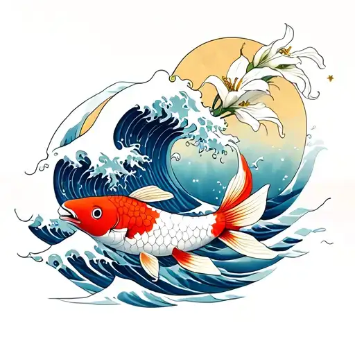 Koi Fish In Water Similar To The Great Wave With Star Lilies