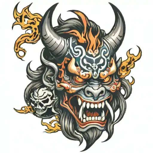 Oni Mask With Skulls And Fire