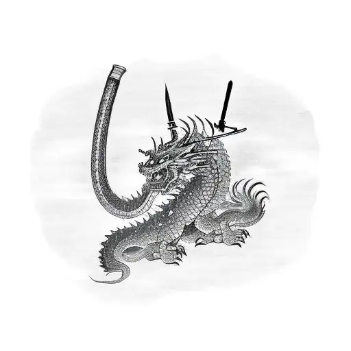 A Samurai Drawing A Sword And Behind Him Is A Dragon