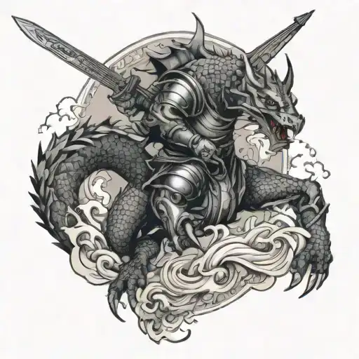 A Knight Battling A Dragon On Skis In The Style Of Blackwork