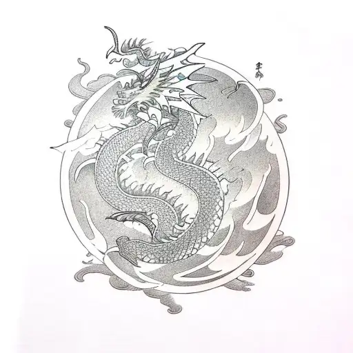 Dragon With Lotus And Waves