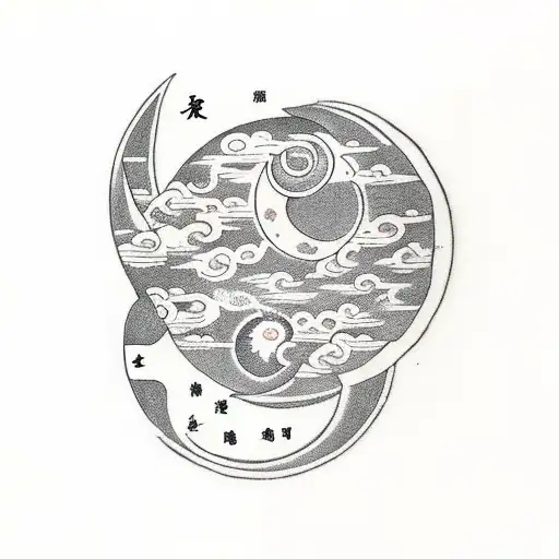 Horse Outline With Sun And Moon Elements And Chinese Writing In The Interior
