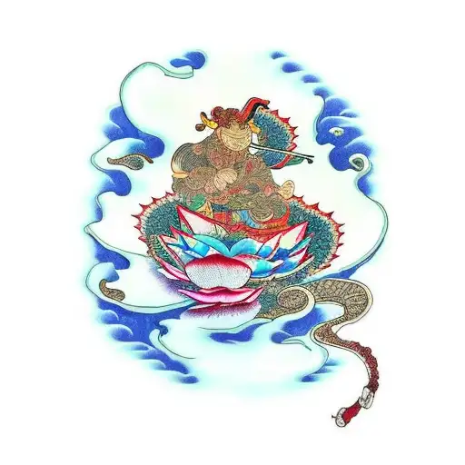 Lotus Flower With Waves And Samurai