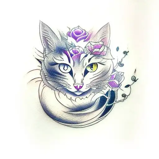 Tattoo With The Word Yuuriku With Roses And A Lunar Cat