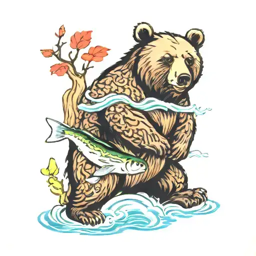 Bear In Forest Catching A Fish In A River