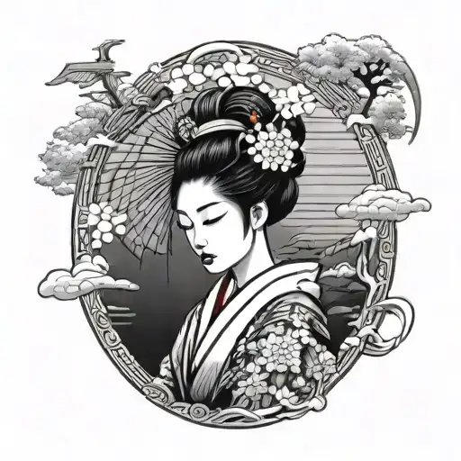 A Sad Geisha Stands Near A Puddle Of Black And White Painting