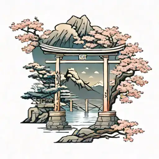 Torii Gate With Cherry Blossom Tree Under