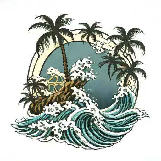 Japanese Ocean Wave And 4 Palm Trees
