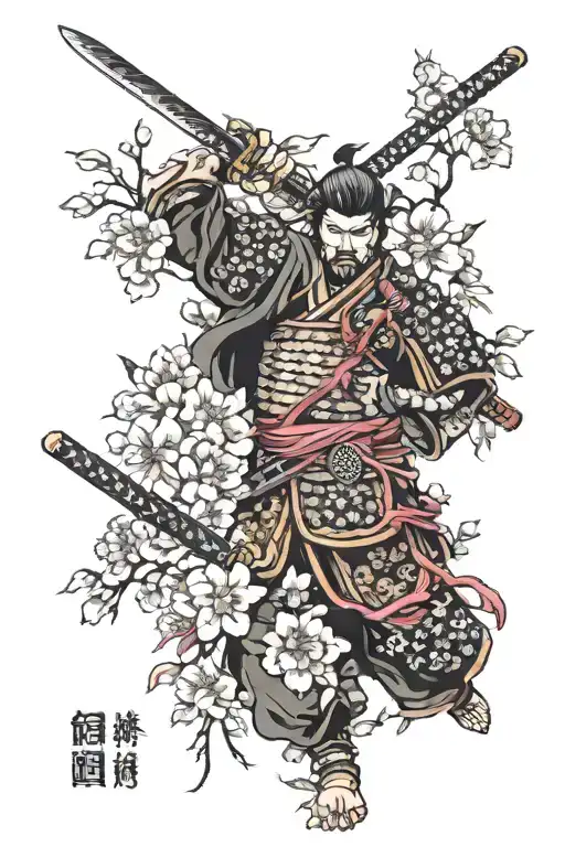 Cherry Blossom And Peonies And Samurai Warrior