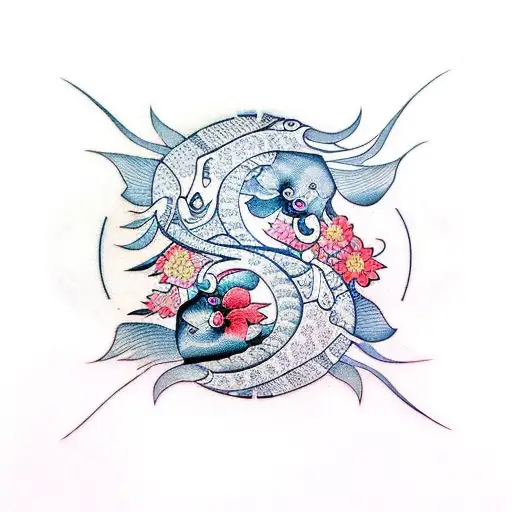 Feminine Ying And Yang Fish With Flowers