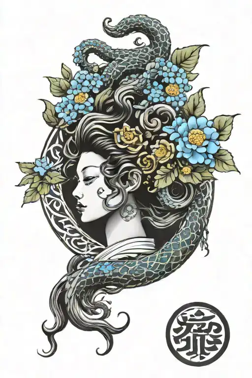 Medusa With An Enso Circle And Forget Me Not Flowers As A Sleeve