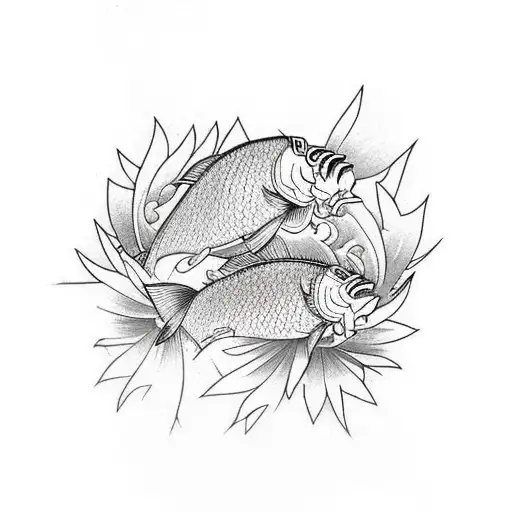 Two Carps With Lotus Flowers Behind
