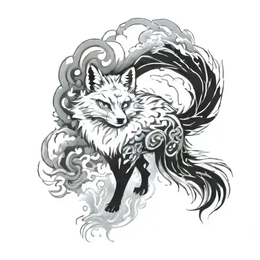 A Surreal Tattoo Of A Fox With Nine Tails Surrounded By Wisps Of Smoke In The Sky