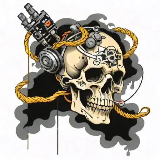 Robotic Skull With Wires Hanging And Black Smoke Coming Off The Skull
