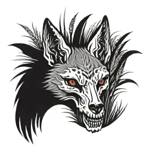 Wolf Skull Surrounded By Ears Of Wheat And Field Grass