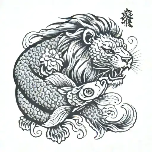 Lion Feasting A Koi Fish