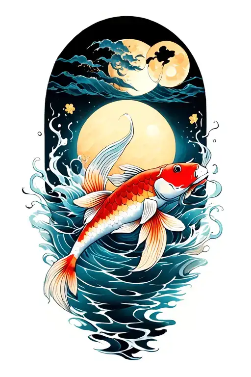 Koi Fish Swimming Alongside Sun And Moon