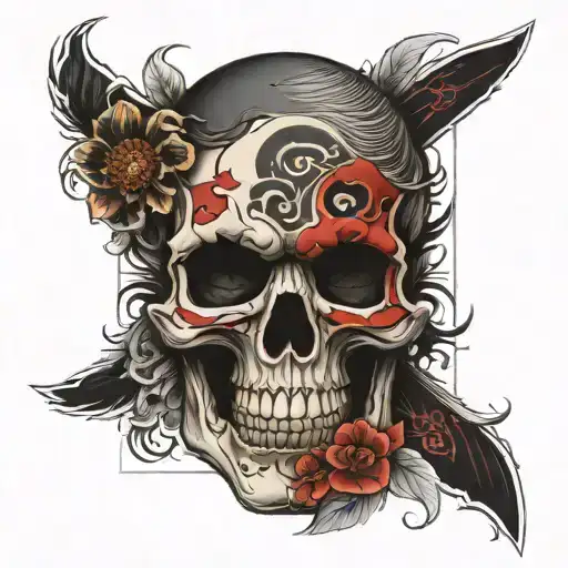 Skull And Japanese Mask Split In Half