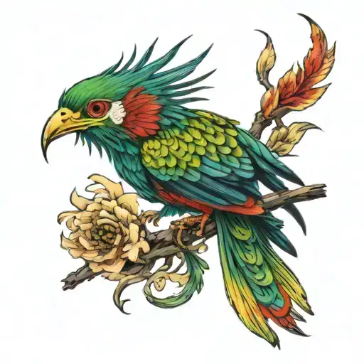 Quetzal Bird Rising From Ashes Whit A Long Tail Feathers