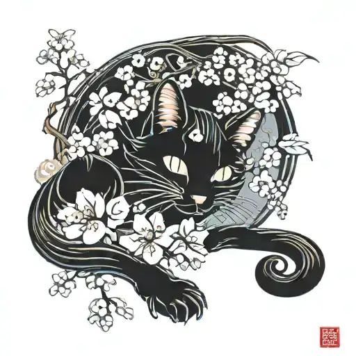 Black Cat With A Curled Tail Napping With Cherry Blossums